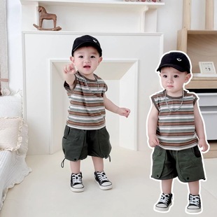 Ins Baby Vest Summer New Arrival Vintage Striped Sleeveless Top for Boys and Babies Women and Children Go Out Waistcoat Trendy