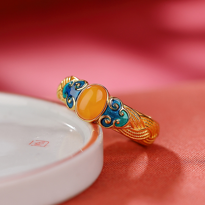 Nhẫn bạc S925 mạ vàng sáp ong phong cách cổ điển dạng mở điều chỉnh — Mở một size