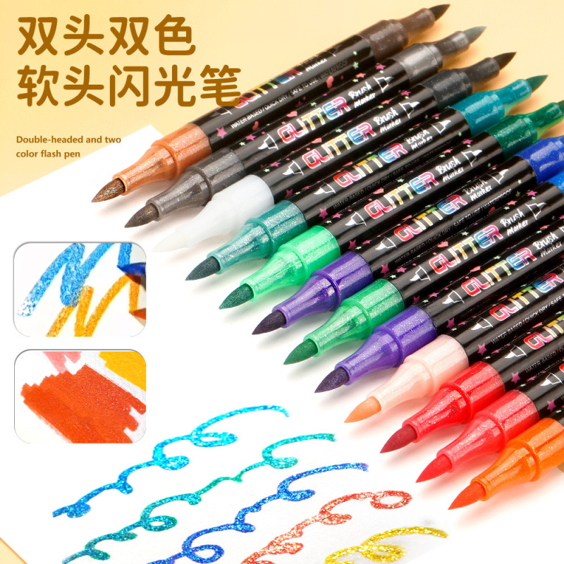 双頭 2 色グリッターマーカー学生アート絵画グリッターハンドアカウントペンカラーダブルソフトヘッド蛍光ペンセット|undefined