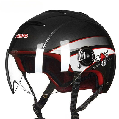 Half Helmet for Electric Vehicles and, Motosiklet dəbilqələri - s-glossy-metallic-black-with-red-floral-pattern-b105