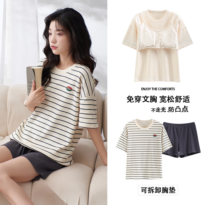 Conjunto de Pijamas de Manga Corta para Mujer con Almohadilla para Pecho de Algodón de Verano