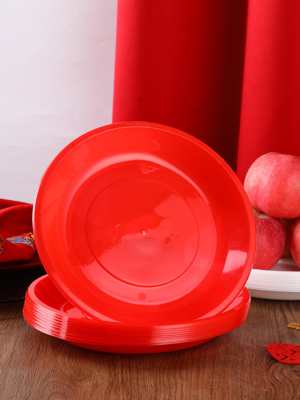 Disposable Plastic Plate Red Plate Round Dish Thickeneded Wedding Commercial Home Banquet Outdoor Dinner Microwaveable