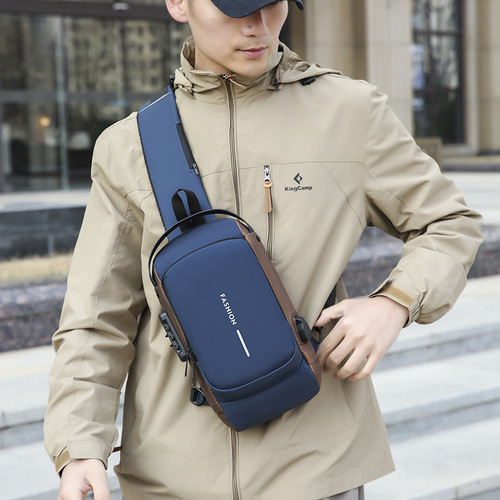 Password lock anti-theft chest bag for men, motorbike bag, outdoor waterproof unisex crossbody USB charging chest bag