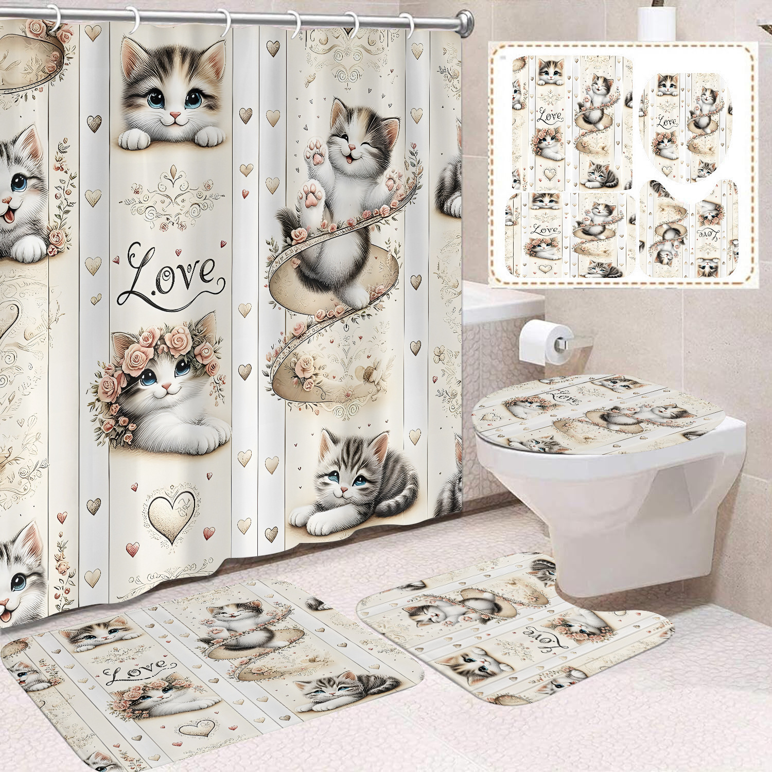 Fuente de fabricantes Amazon animales gatos niños cortina de ducha impermeable a prueba de moho cortina de ducha inodoro partición de baño divertido