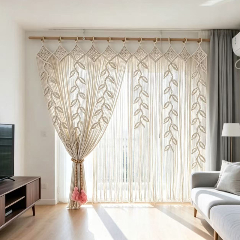 Nordic Style Cotton Rope Woven Tapestry Door Curtain, Leaf Tassel Partition Curtain, Cross-Border Supply Decorative Hanging Curtain