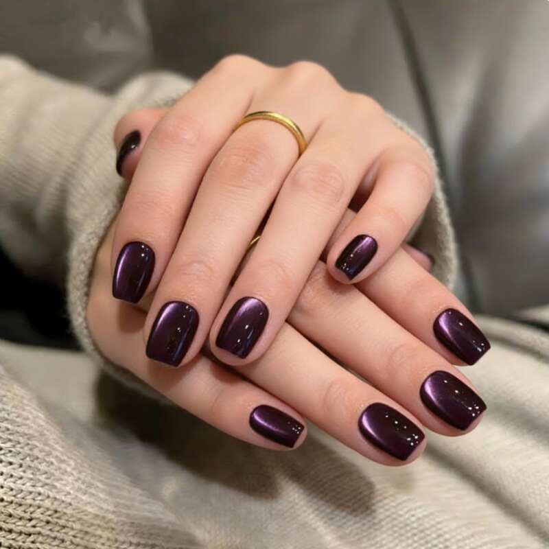 Foreign Trade Style Wearable Dark Purple Cat Eye Fake Nail Patches, Short Fake Nails, High-End Nail Art Wholesale