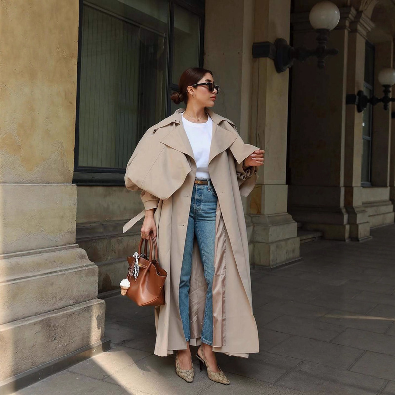 In-Stock 2025 Amazon Independent Site Cross-Border Foreign Trade Belt Extended Shawl Design Fashion Women's Trench Coat Jacket