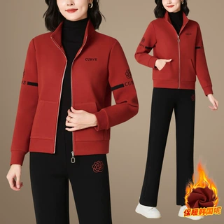运动装套装女士2023新款秋冬加绒加厚立领卫衣外套宽松洋气两件套