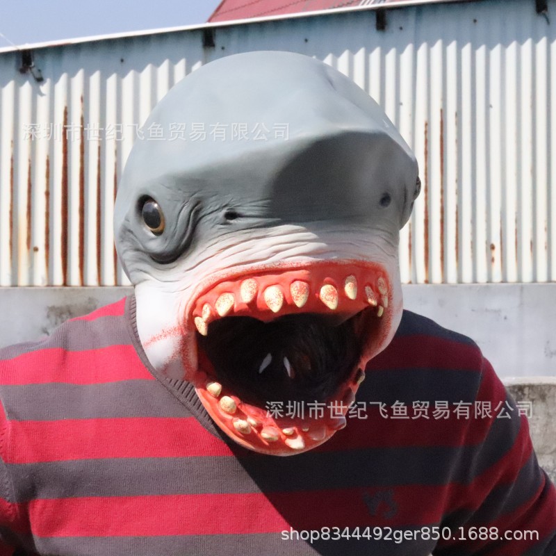 Máscara de tiburón de Halloween tiburón blanco tiburón canibal horror extraño y divertido tocado de látex