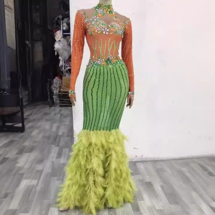 Diamond Long Dress Birthday Costume European and American New Year Shiny Diamond Yellow Feather Fancy Evening Dress Elegant Dinner Net