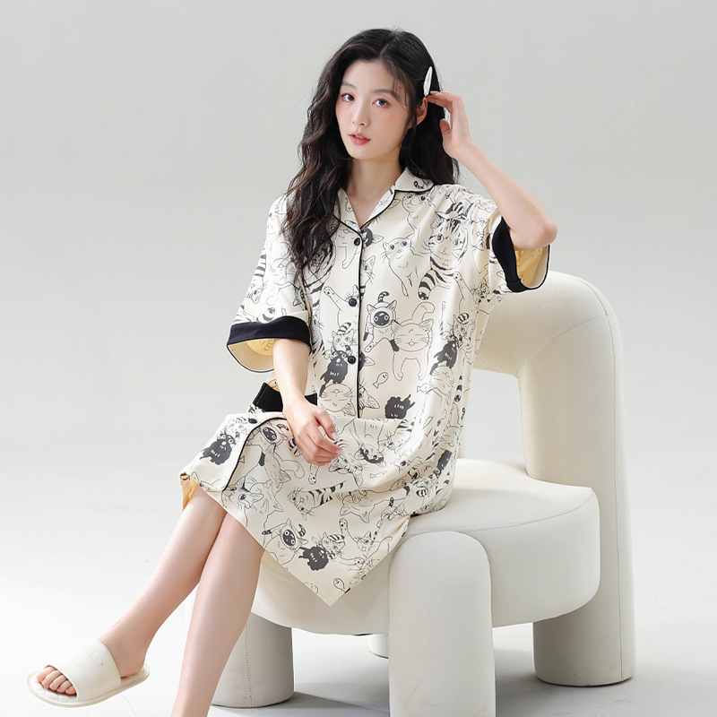 Pure Cotton Nightdress Summer Women's Short-sleeved Cardigan Boyfriend Style Pajamas Sexy Loose Pure Cotton plus size Thin Home Clothes