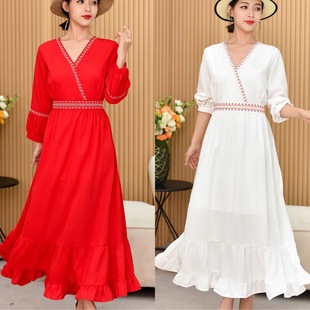 Yunnan Featured 2021 Spring and Autumn Cotton Linen Slim-fit Slimming V-neck Big Red Travel Shot Internet Celebrity Ethnic Style Dress