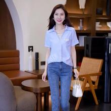 薄款假两件衬衫女韩版短袖2024年夏季新款V领上衣设计感小众村衣