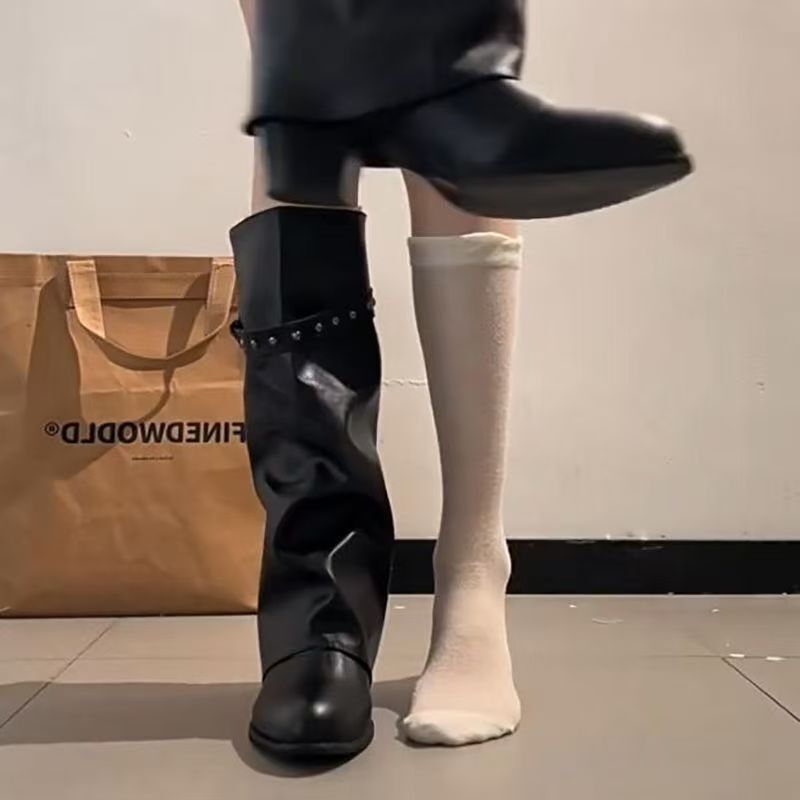 Women's knee-high boots, autumn single boots, 2026 new style, chunky heel, high-heeled, long-tube Martin boots, high-tube, pleated, and ruched boots Women's knee-high boots, autumn single boots, 2026 new style, chunky heel, high-heeled, long-tube Martin boots, high-tube, pleated, and ruched boots