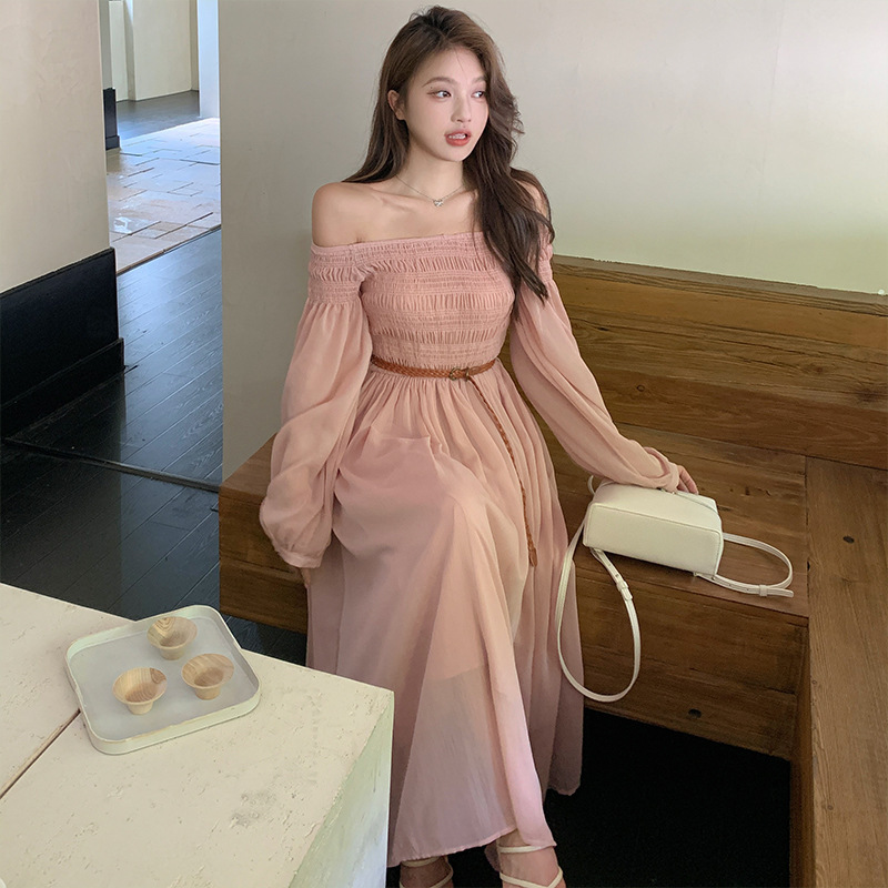 in stock New Arrival off-shoulder Pleated Long-sleeved Tight Waist Mesh dress French Style Internet Celebrated Slim-fit Midi Dress