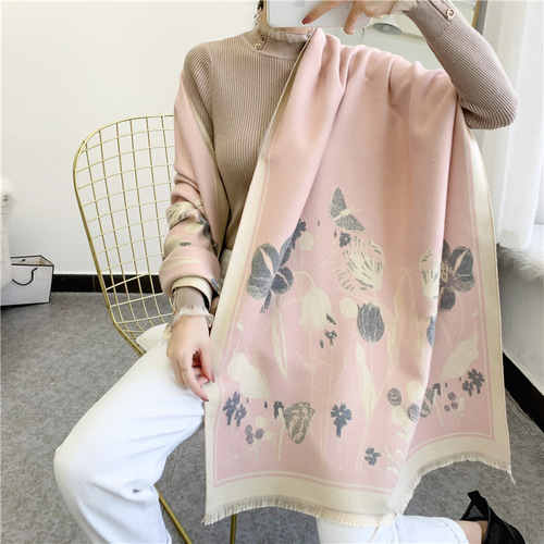 Ethnic style fashionable flower imitation cashmere scarf for women Forest double-sided long retro tassel warm shawl dual use
