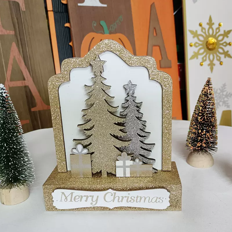 创意圣诞木制品礼物盒桌面摆件金粉圣诞树家居装饰木质工艺品跨境