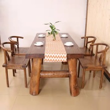 老榆木餐桌椅组合中式全实木复古茶台原生态长方形茶桌