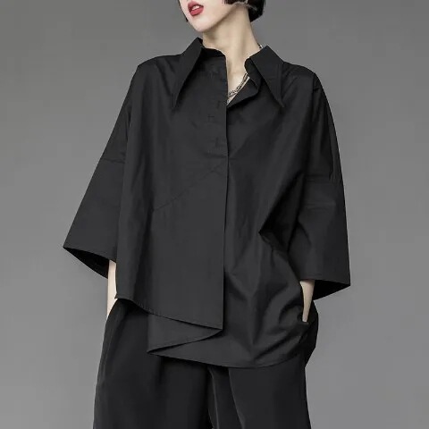 Summer New Design Niche Loose Short-Sleeved Black Shirt Women's Irregular Three-Quarter Sleeve Shirt Top Summer New Design Niche Loose Short-Sleeved Black Shirt Women's Irregular Three-Quarter Sleeve Shirt Top
