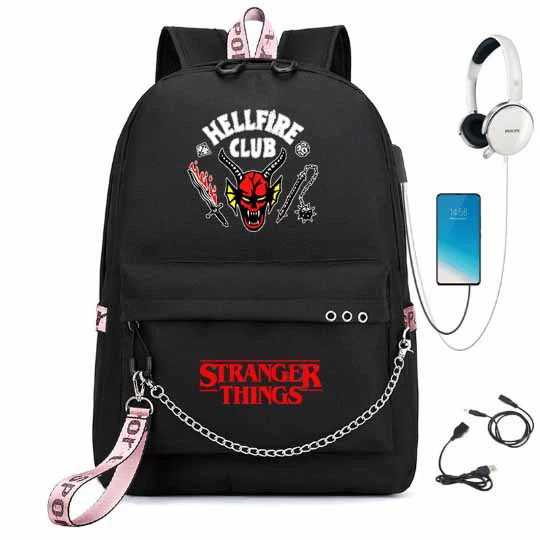 Рюкзак (Stranger Things) школьная сумка — USB-порт, железная цепь и лента, размер один