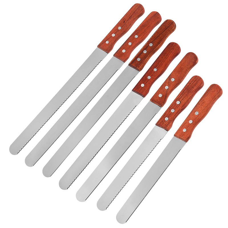 Cuchillo de pan de acero inoxidable con mango de madera al por mayor 8 pulgadas 10 pulgadas 12 pulgadas cortador de horneado dentado tostado espátula de pastel de crema