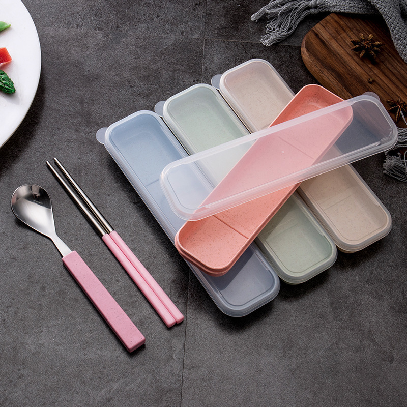 Stainless Steel Chopsticks and Spoon Tableware Set with Square Handles, Portable Outdoor Travel Cutlery for Students and Office Workers, Cutlery Box