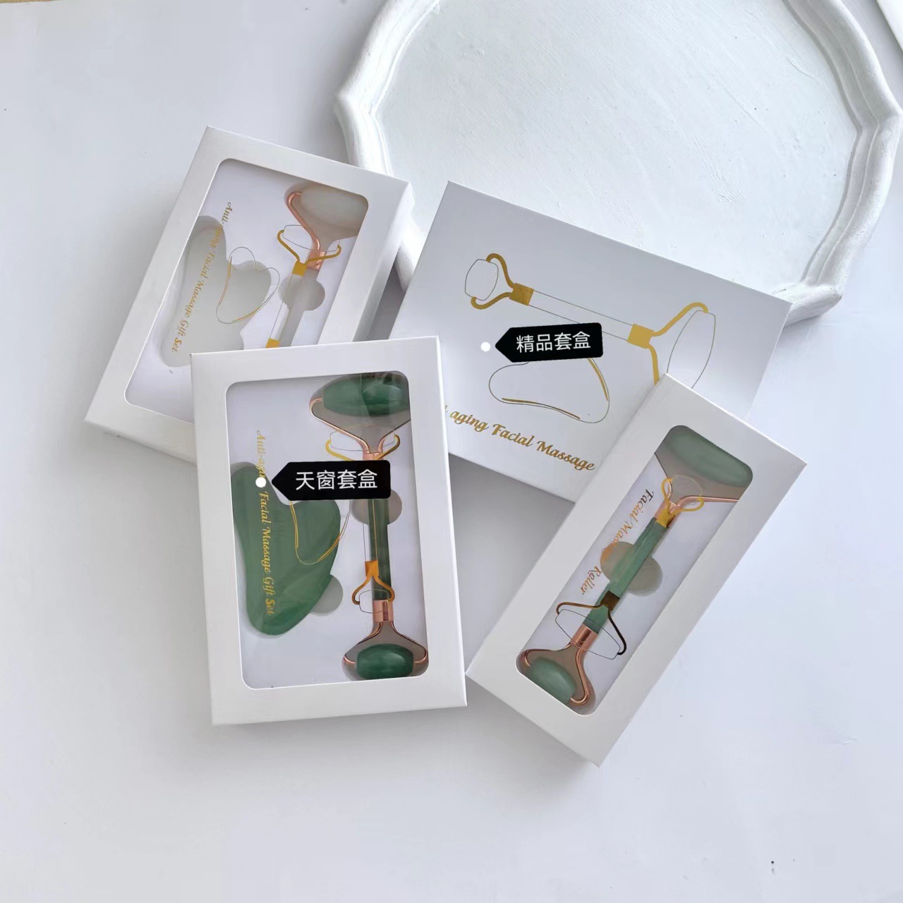 Jade rodillo de masaje facial traje de doble cabeza de metal manual belleza facial relajante dispositivo cara empujando aparato al por mayor