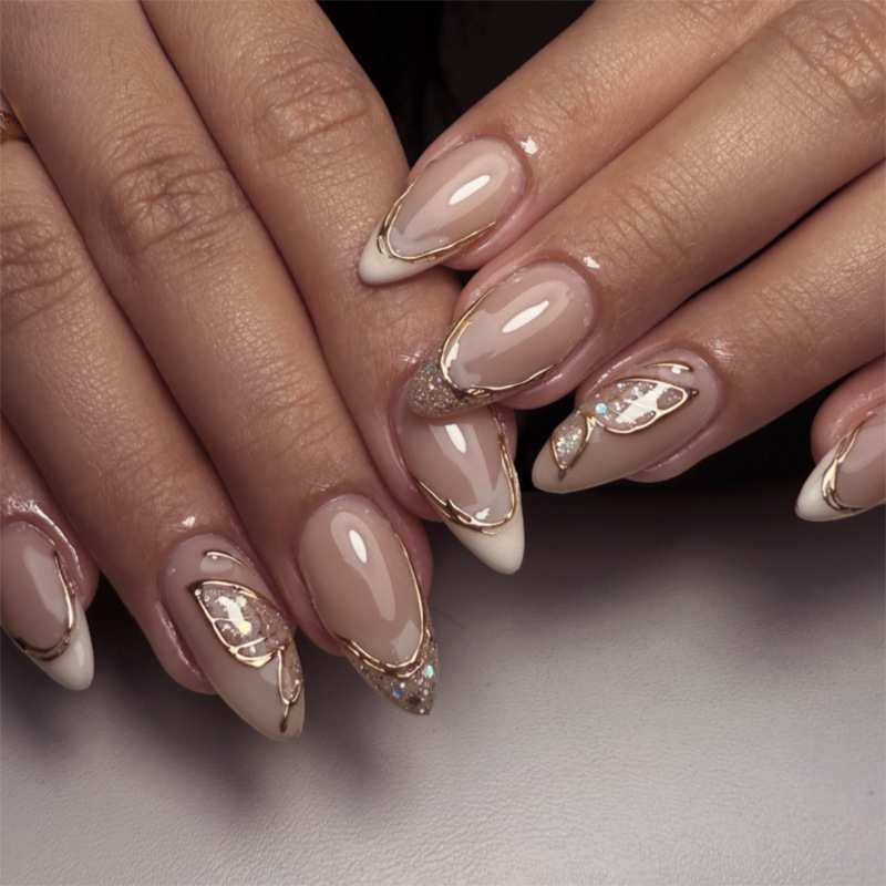 Sparkling Glitter Sequin Butterfly Wearable Nails French White 3D Gold Powder Manicure Fake Nails Short Almond Nails Sparkling Glitter Sequin Butterfly Wearable Nails French White 3D Gold Powder Manicure Fake Nails Short Almond Nails