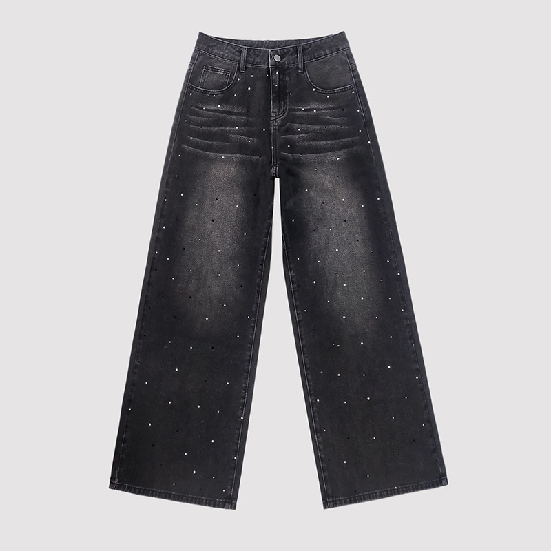 Calça jeans feminina casual de perna reta, confortável e folgada, com strass, estilo europeu-americano, moderna, brilhante e versátil._voghion.com