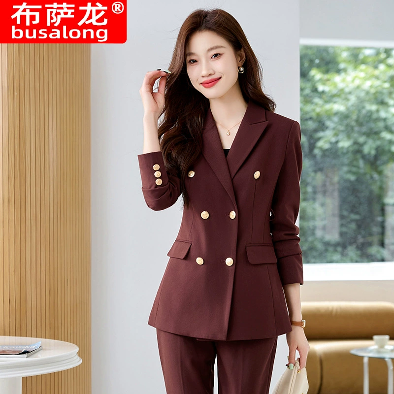 Новый женский профессиональный костюм Busalong с длинными рукавами и брюками, деловой костюм, рабочая одежда для женщин 6670