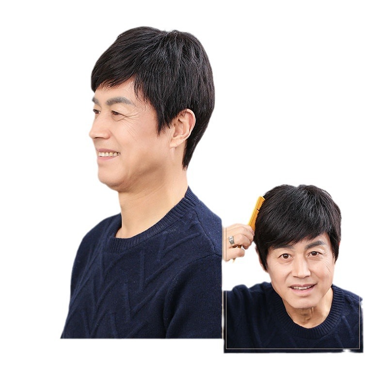 De mediana edad y ancianos de los hombres naturales realistas de mediana edad de los hombres de mediana edad pelo humano artificial peluca cubierta de la cabeza completa Jiafa