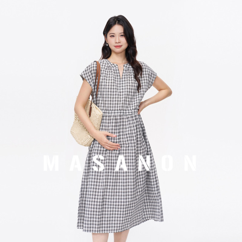 Masanon Maternity Dress Summer 2026 New Fashion Plaid Dress That Doesn'T Show Pregnancy, Beautiful Dress for Summer