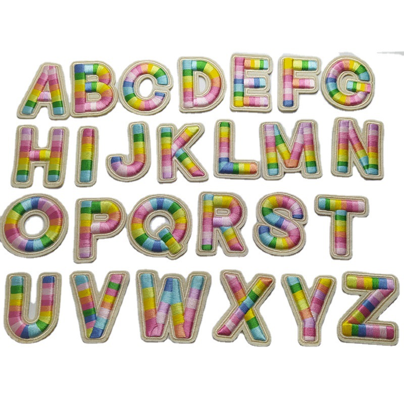 厂家现货批发七彩立体绣英文字母自粘胶热溶胶多选项服装刺绣布贴