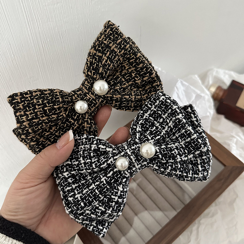 Französisches Karomuster, große Perle, Schleife, schwarz-weiß, Kopfbedeckung, Haarnadel, elegantes Hinterkopf-Frühlingsoberteil, kariertes Herbst- und Winterhaar_voghion.com