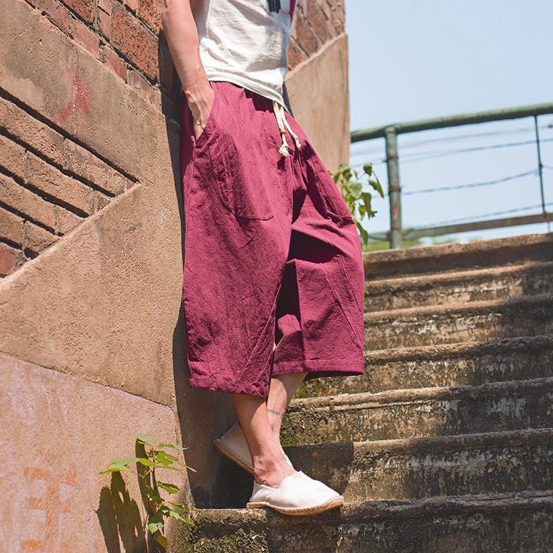 Pantalón ancho de elefante tailandés, bombachos, marca de moda para hombre, pantalones cortos de lino sueltos de gran tamaño, pantalones cortos, entrepierna grande, pantalones de playa, verano