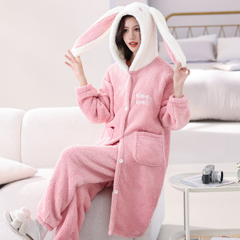 Rabbit Sleep Robe Women's Hooded Pajamas Coral Fleece Autumn and Winter Thickened Home Wear Bathrobe Can Be Worn Outside Girly Style