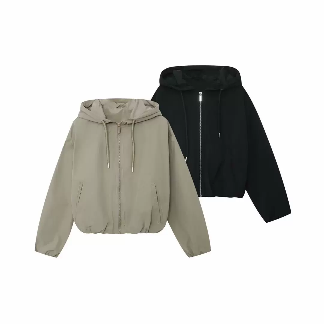 PB&ZA女装2025年夏季新款  连帽长袖黑色休闲夹克外套 3046257