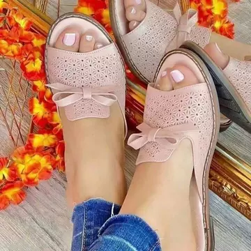 Summer Flat Bottom Fish Mouth Sandals Women Cross-border Bow Knot Carved Slippers S Large Women's Shoes - ShopShipShake