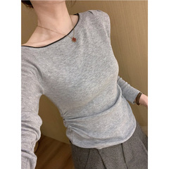 韩系小个子斜肩一字领设计感针织长袖打底衫女秋季新款掐腰小上衣