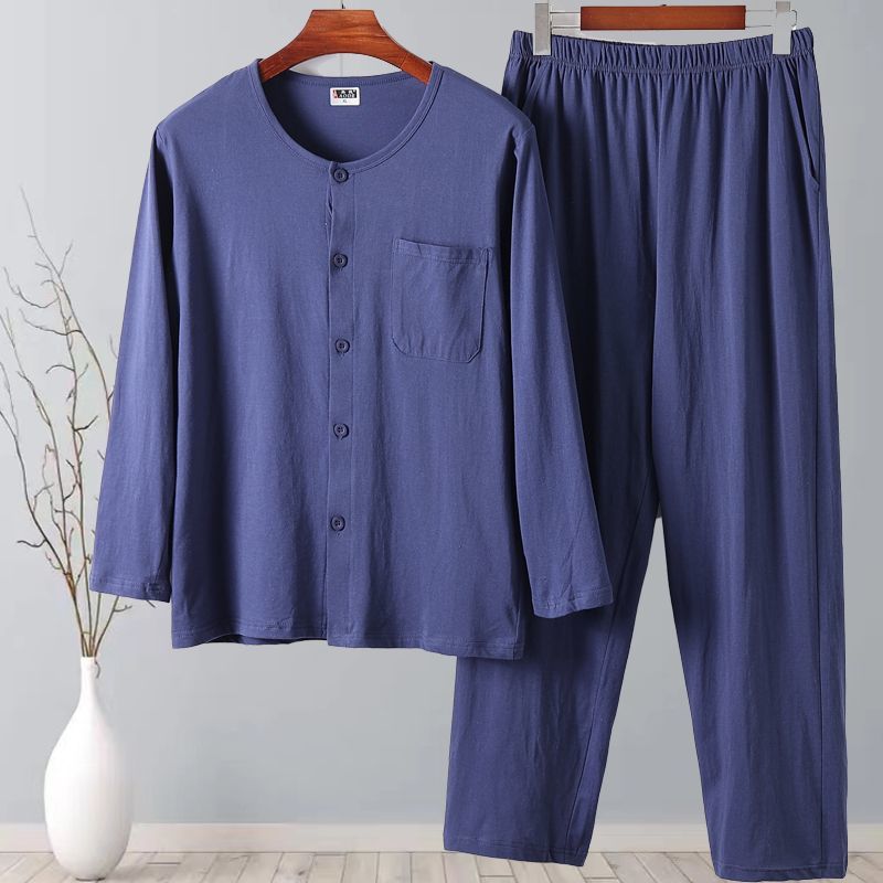 Middle-Aged and Elderly Men's Pure Cotton Cardigan Intimates Pajamas Thin Warm Spring and Summer Air-Conditioned Shirts Home Outdoor Buttoned Large Size