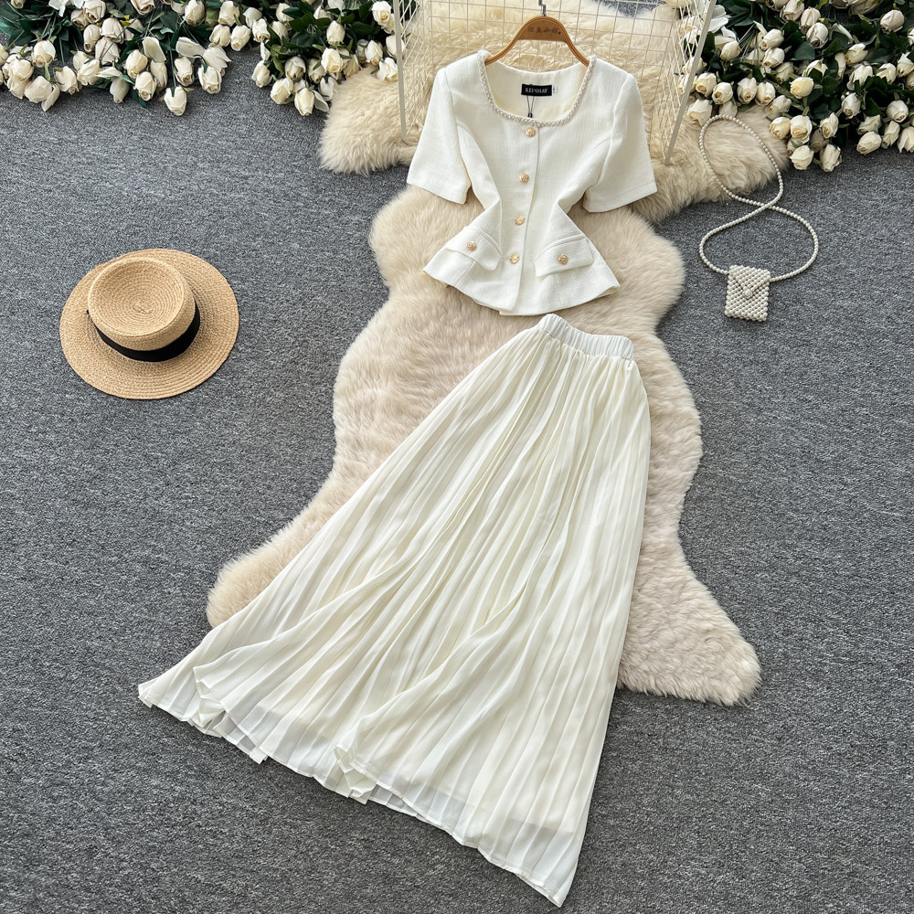 Inspired Women's Pink Two Piece Set Summer Short Sleeve High Waisted Pleated Skirt Sophisticated And Elegant_ecoleips.com