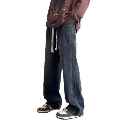Autumn and Winter New Fleece-Lined Jeans for Men — Washed-Effect, Loose-Fit, Straight-Leg Casual Trousers—Trendy American-Style High-Street Pants