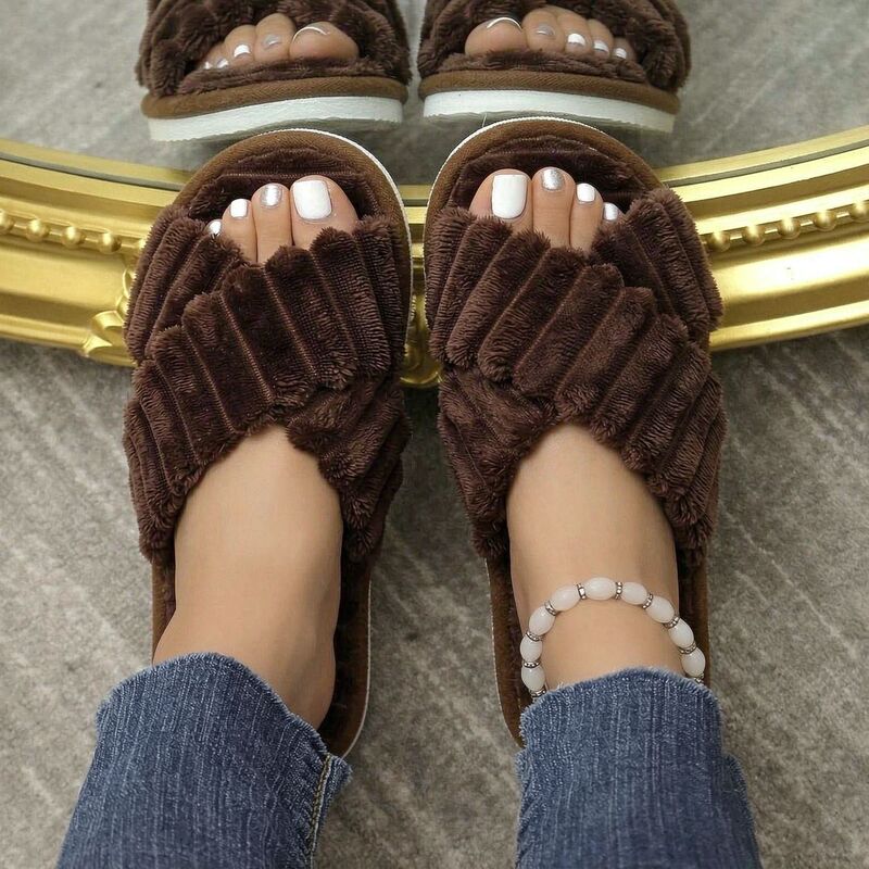 Cross-border European and American style home slippers, 2026 autumn/winter new collection, indoor, quiet, non-slip, fluffy, and warm women's shoes