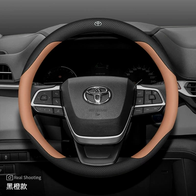 interior leather handle cover — Steering wheel cover - for-toyota-with-car-logo-black-and-orange-other