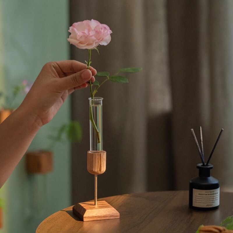 クリエイティブホームデスクトップ装飾品木製花瓶試験管透明ガラス水耕植物フラワーアレンジメントシンプルな牧歌的なスタイル|undefined