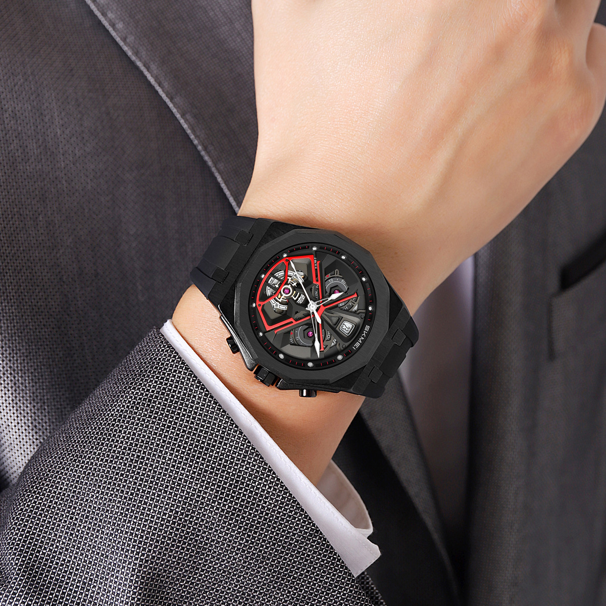 Momento de belleza para hombres octogonal oro viento mecánico reloj de cuarzo transfronterizo correa de silicona multifuncional relojes de pulsera ocio