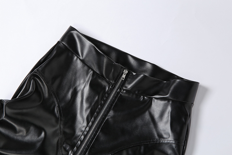 High Waist Pleated Slim Beam Feet Pu Leather Trousers NSYOM111866