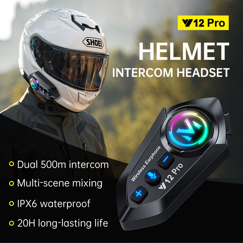 Cross-Border Y12Pro Motorcycle Helmet Bluetooth Headset Intercom Noise Reduction Long Battery Life Waterproof Mixing Riding Equipment