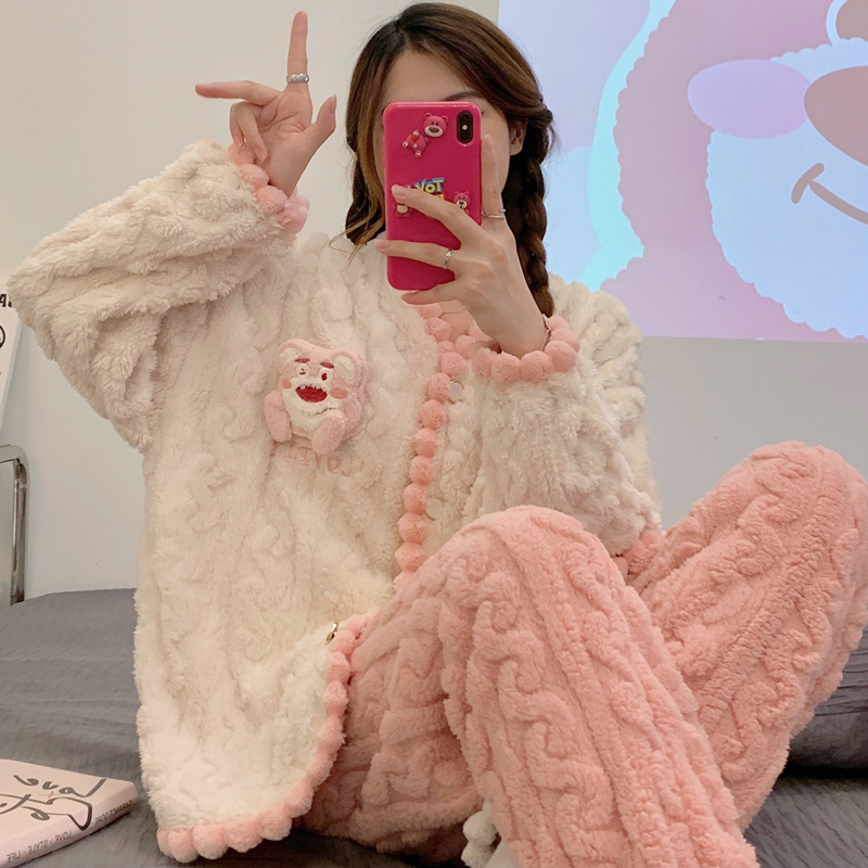 睡衣女秋冬季高颜值提花绒开衫韩版卡通珊瑚绒保暖加绒加厚家居服