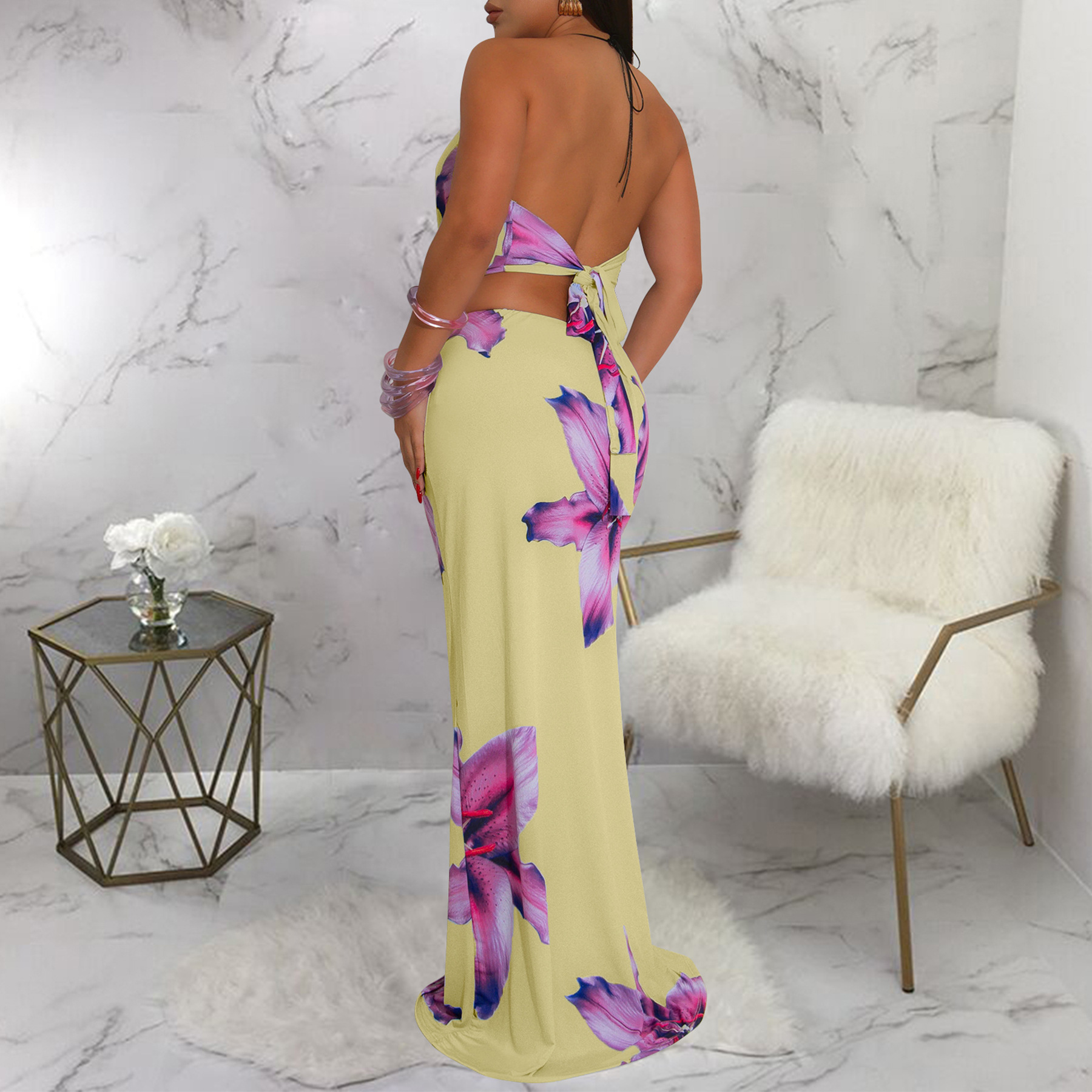 402g Weight Sleeveless Sleeve Length Polyester Fabric Type Skirt Co-ord Set Sets Type 2 Pieces Set Quantity Casual, Holiday Occasion Halter Neck Neckline Slim Fit Type Flower Pattern Summer Season Women's Gender Sexy, Streetwear Style Casual Holiday Women's Sexy Streetwear Flower Polyester Skirt Co-ord Set Skirt Sets 21